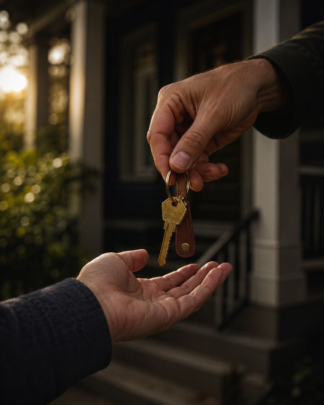 A set of house keys being handed over on a porch at golden hour